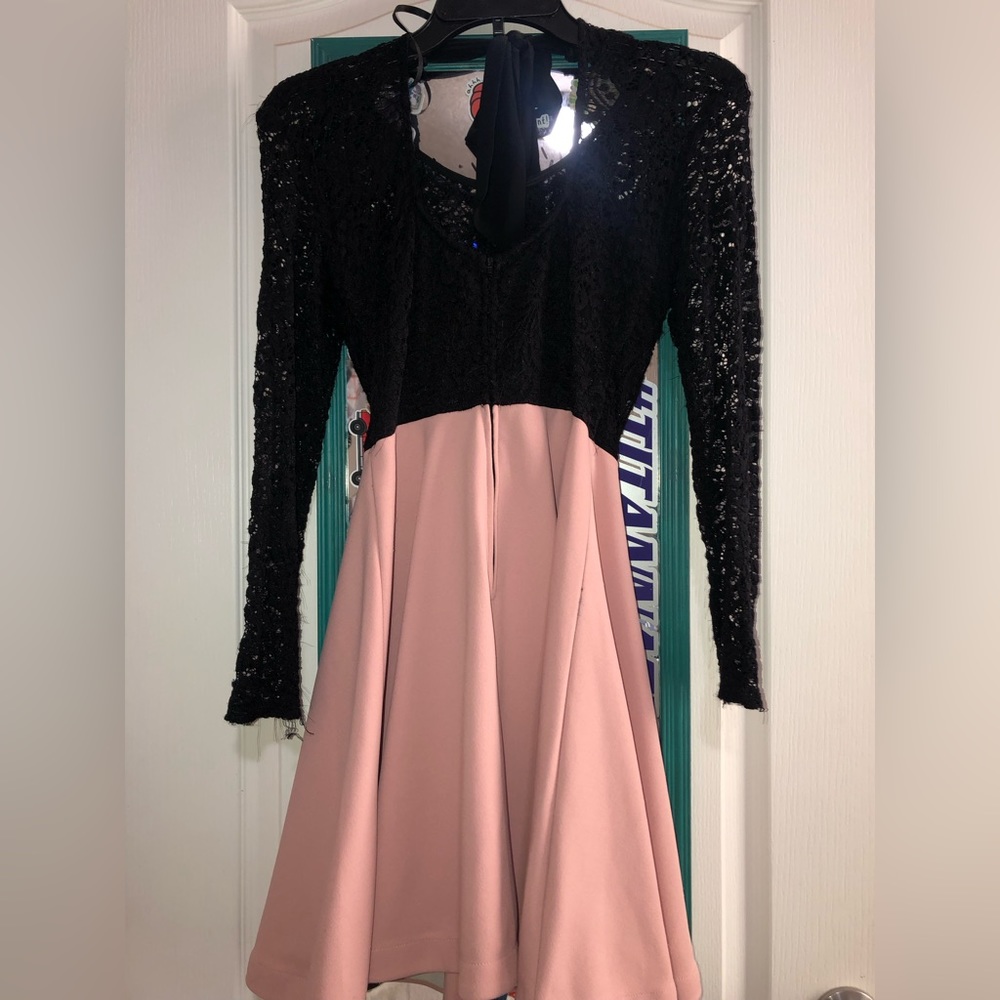 Women’s S Black lace dress with pink skirt.